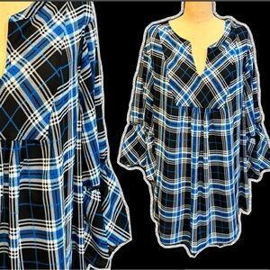 Liz‎ Claiborne tartan plaid peasant blouse top bell ruffle sleeves lightweight